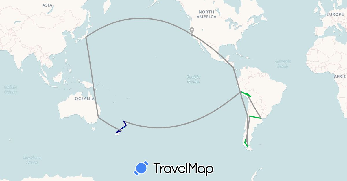 TravelMap itinerary: driving, bus, plane, boat in Argentina, Australia, Bolivia, Chile, Costa Rica, Japan, New Zealand, Peru, United States (Asia, North America, Oceania, South America)